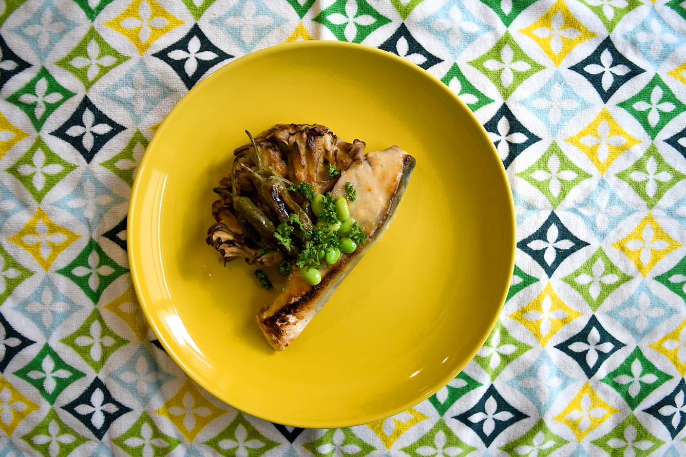 Yellowtail Fish with Miso Marinade and Grilled Maitake Eat with Meraki